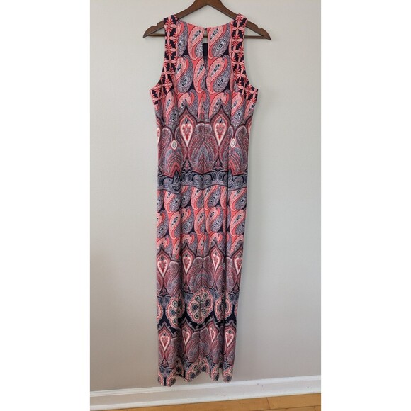 London Times Maxi Dress Paisley Sleeveless Coral Slits Artsy Boho Stretch Sz 10 - Picture 3 of 9
